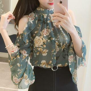 Cold Shoulder Printed 3/4-sleeve Top