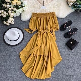 Off-shoulder A-line Dip Back Dress