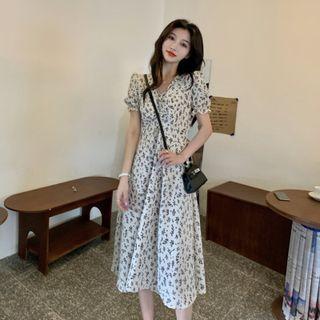 V-neck Floral Ruffle Short-sleeve Dress