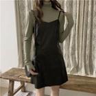 Turtleneck Long-sleeve Top / Faux Leather A-line Mini Pinafore Dress