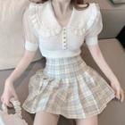 Short-sleeve Knit Top / Plaid Mini A-line Skirt