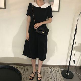 Short-sleeve Wide Collar Ribbon A-line Midi Dress Black - One Size