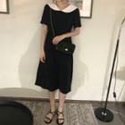 Short-sleeve Wide Collar Ribbon A-line Midi Dress Black - One Size