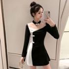 Set: Long-sleeve Two-tone Mini Dress + Shorts