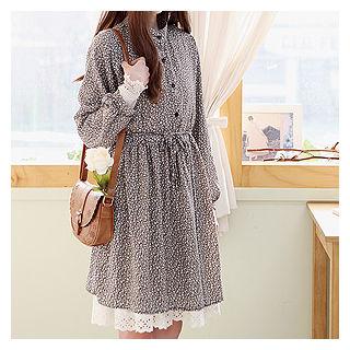 Half-placket Floral Pattern Shirt Dress With Sash