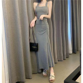 Sleeveless Crinkled Slit Midi Sheath Dress