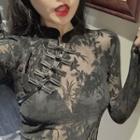 Frog Buttoned Long-sleeve Slim-fit Sheer Top Black - One Size