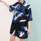 Crane Print Elbow Sleeve Mandarin Collar Dress