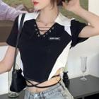 Short-sleeve Collar Two-tone Cropped T-shirt