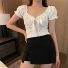 Puff-sleeve Bow Crinkled Cropped Blouse / Mini A-line Dress