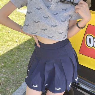 Dog Print Polo-neck Cropped Top / Skirt