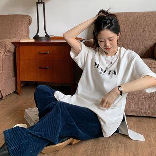 Elbow-sleeve Slit-hem Letter T-shirt