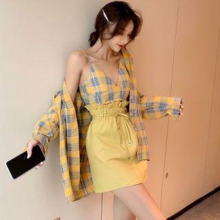 Set Of 3: Plaid Top + Plaid Shirt + Skirt