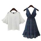 Set: Plain Bell-sleeve T-shirt + Print V-neck Midi Dress