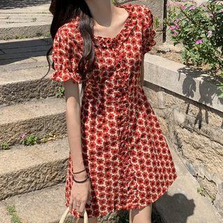 Puff-sleeve / Spaghetti Strap Floral Print Mini A-line Dress