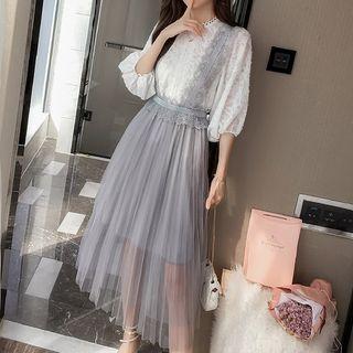 Set: 3/4-sleeve Fringed Blouse + Lace Panel Mesh Midi Suspender Skirt