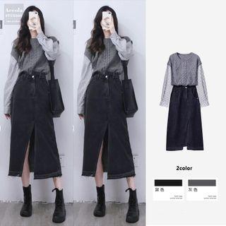 Mock Two-piece Knit Top / Denim Skirt