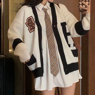 Lettering Cardigan / Long-sleeve Mini Shirt Dress / Striped Tie / Set
