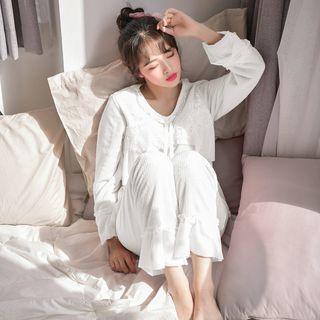 Loungewear Set: Long-sleeve Lace Panel Top + Pants