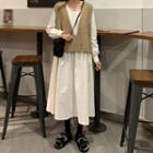 Long-sleeve Midi Shift Dress / V-neck Knit Vest
