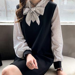 Bow Accent Mock Two-piece Long-sleeve Dress