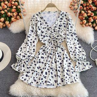 Long Sleeve Drawstring Floral Print Dress