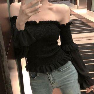 Off Shoulder Ruffle Trim Long-sleeve Top Black - One Size