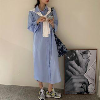 Long-sleeve Plain Loose-fit Shirtdress With Shawl