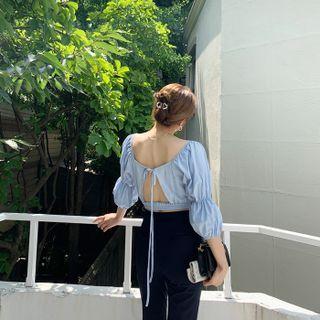 Mutton-sleeve Tie-back Crop Blouse