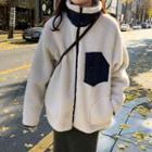 Stand-collar Color-block Faux Shearling Jacket