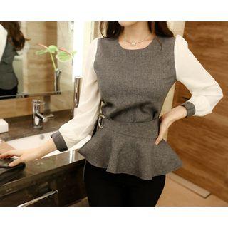 Chiffon-sleeve Top With Peplum Belt