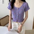 Short-sleeve Floral Print Lace Trim Knit Top