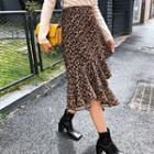 Asymmetric Frill-hem Leopard Long Skirt One Size