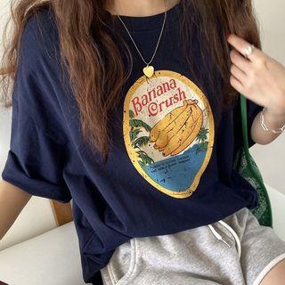 Elbow-sleeve Banana Print T-shirt Navy Blue - One Size