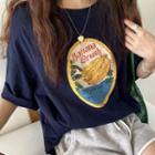 Elbow-sleeve Banana Print T-shirt Navy Blue - One Size