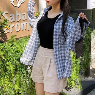 Long-sleeve Linen Blend Plaid Shirt