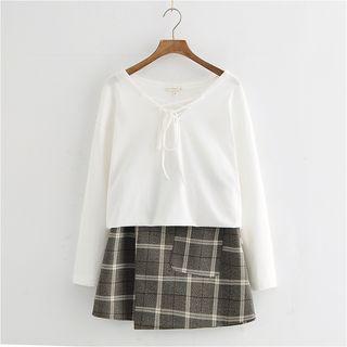 Long-sleeve Lace-up Plain Top