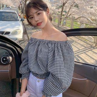Gingham Off-shoulder Blouse Gingham - Black & White - One Size