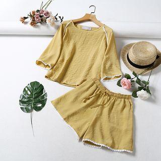 Set: Crew-neck 3/4-sleeve Top + Drawstring Shorts