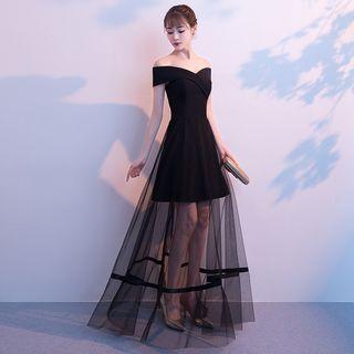 Off-shoulder Mesh Panel A-line Maxi Dress Black - One Size