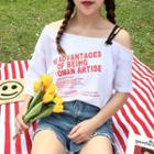 Cold Shoulder Lettering Elbow-sleeve T-shirt
