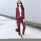 Set: Notched-lapel Double-breasted Striped Jacket + Striped Pants