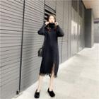 Turtleneck Lace Trim Slit Knit Dress Black - One Size