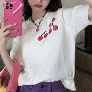 Short-sleeve Cherry Print T-shirt Red & White - One Size