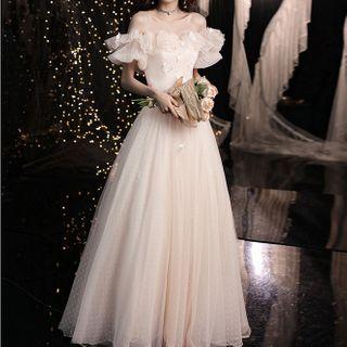 Off-shoulder Ruffled Butterfly Embroidered Mesh A-line Evening Gown
