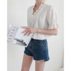 Puff-sleeve Lace-trim Pintuck Blouse