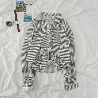 Twisted Front Long-sleeve Striped Shirt Stripe Shirt - One Size