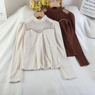 Long-sleeve Mock-neck Mesh Panel Rhinestone Blouse