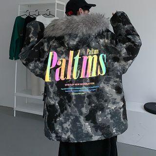 Lettering Faux Fur Trim Hooded Zip Jacket