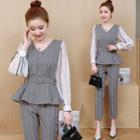 Set: Mock Two-piece Plaid Long-sleeve Top + Cropped Pants